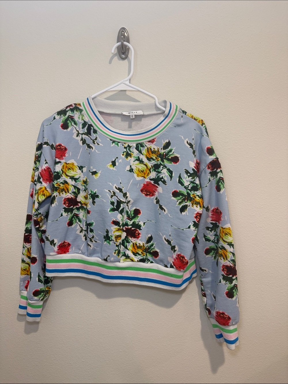 Milly Pastel-Trim Floral Crop Sweatshirt in Light Blue